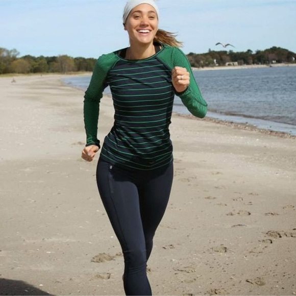 Lululemon Slalom Stripe Inkwell Green Long Sleeve Full Tilt Shirt Top - Picture 2 of 15